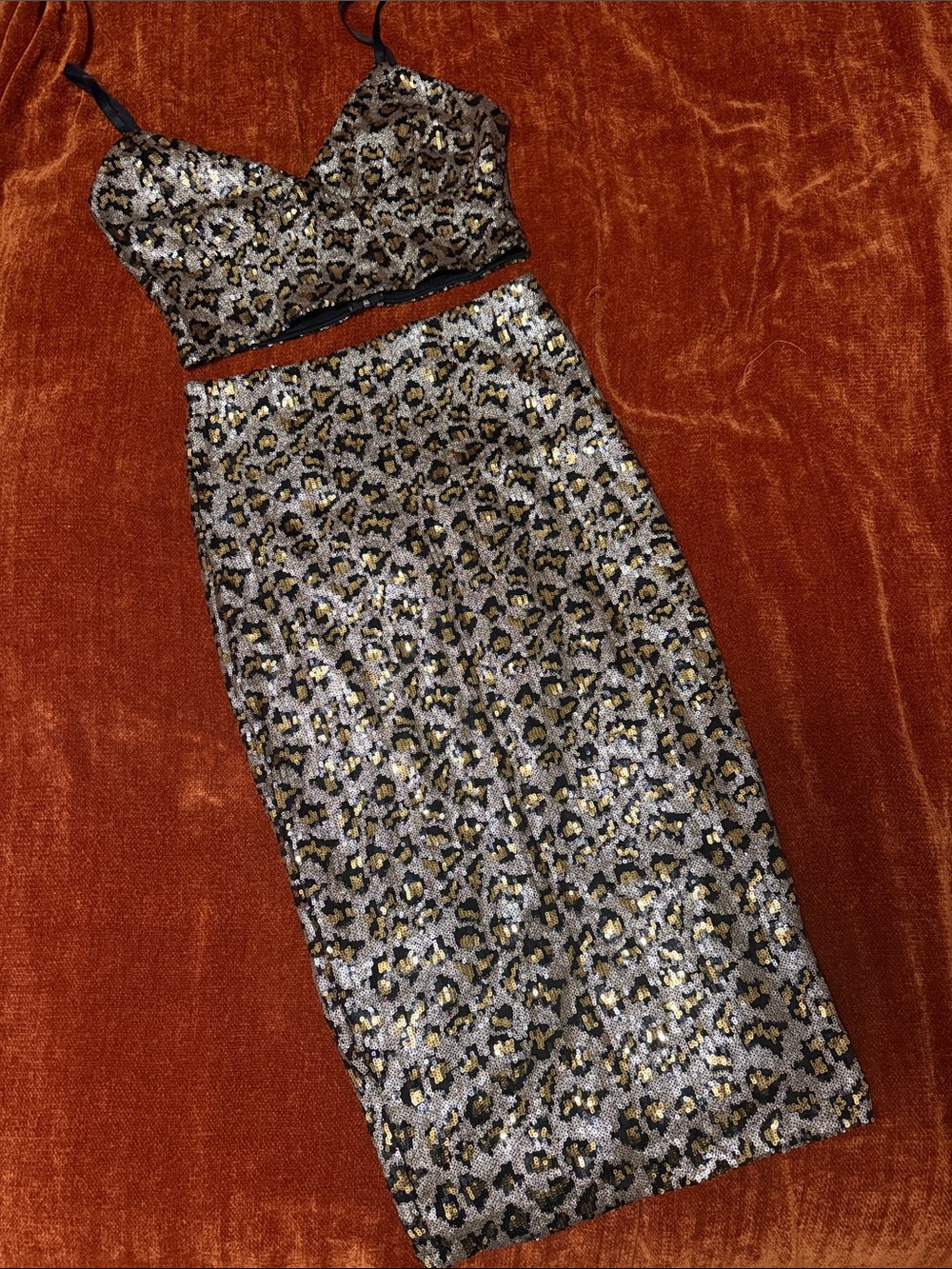 Revamped | Gold & Black Sequin Leopard Crop Top and Skirt Set | L